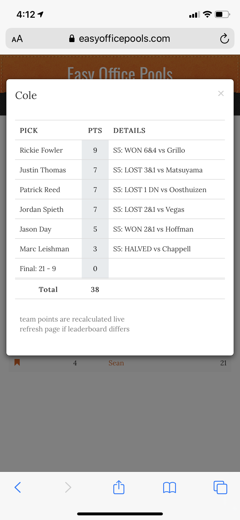 Live Scoring Details President's Cup Pool